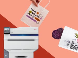 OKI Pro9 series printer with a printed paper gift bag and snack pouch