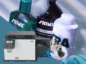 OKI Pro1050 label printer with custom-labelled shampoo bottles